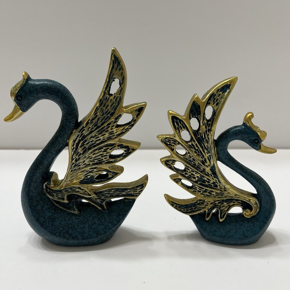 Vintage Lander Swan Figures Teal Resin Gold-Toned Painted Wings Set Of 2